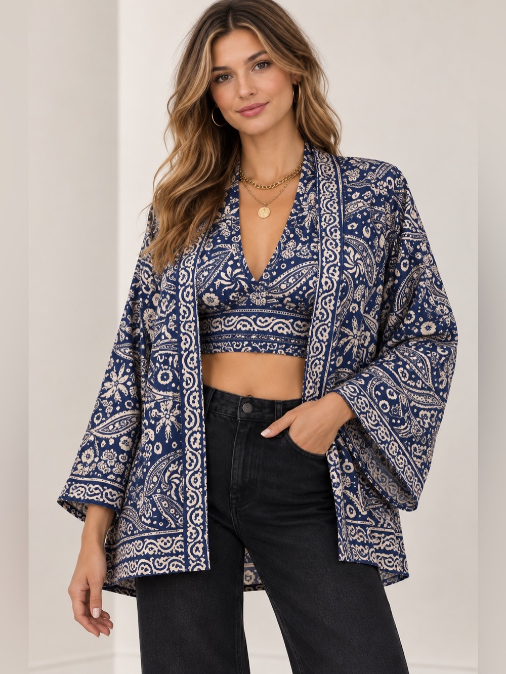 100% Silk Boho Kimono & Halter Top Set Gold Thread Ibiza Beach
Cover Up
